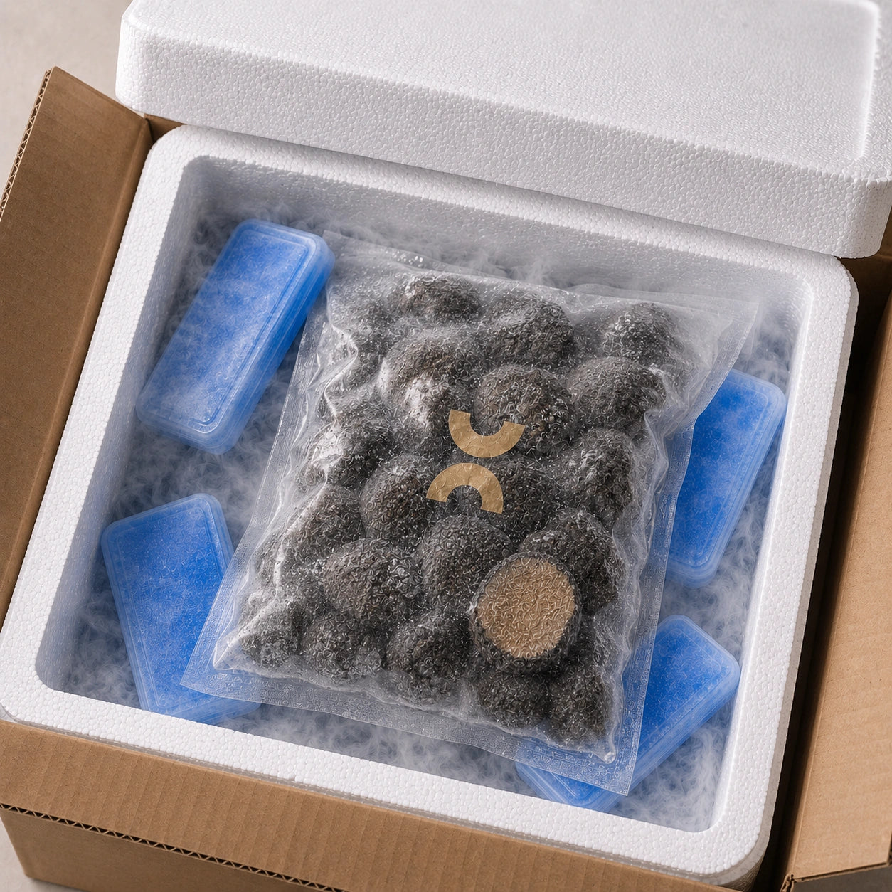 Frozen Summer Truffles Aestivum in professional insulated delivery box