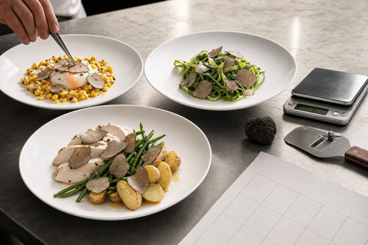 Field Test: Truffle Pairings for Late Summer Dishes. Field Test: Truffle Pairings for Late Summer Dishes. Three late summer truffle test plates with corn and egg, courgette pasta, 