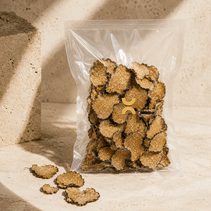 Dried Summer Truffle slices showing natural texture and colour for pasta risotto and sauces