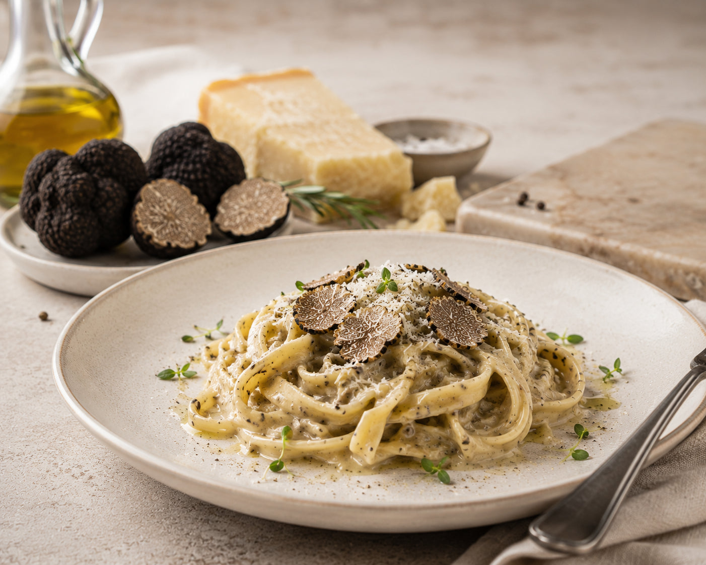 Fresh Summer Black Truffle shaved on pasta for chefs restaurants and foods lovers