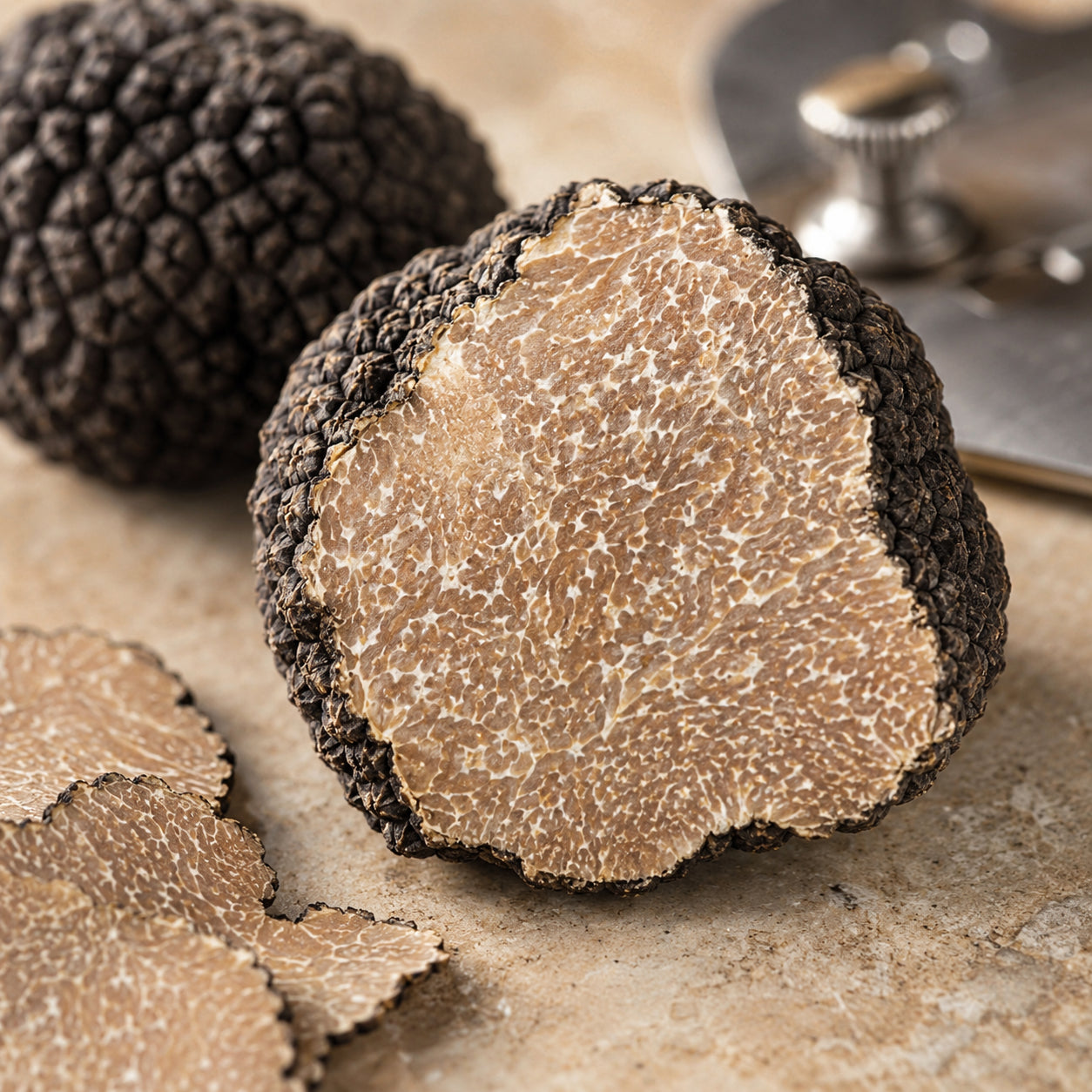 Cut Summer Black Truffle Tuber aestivum showing light marbled interior and rough black skin